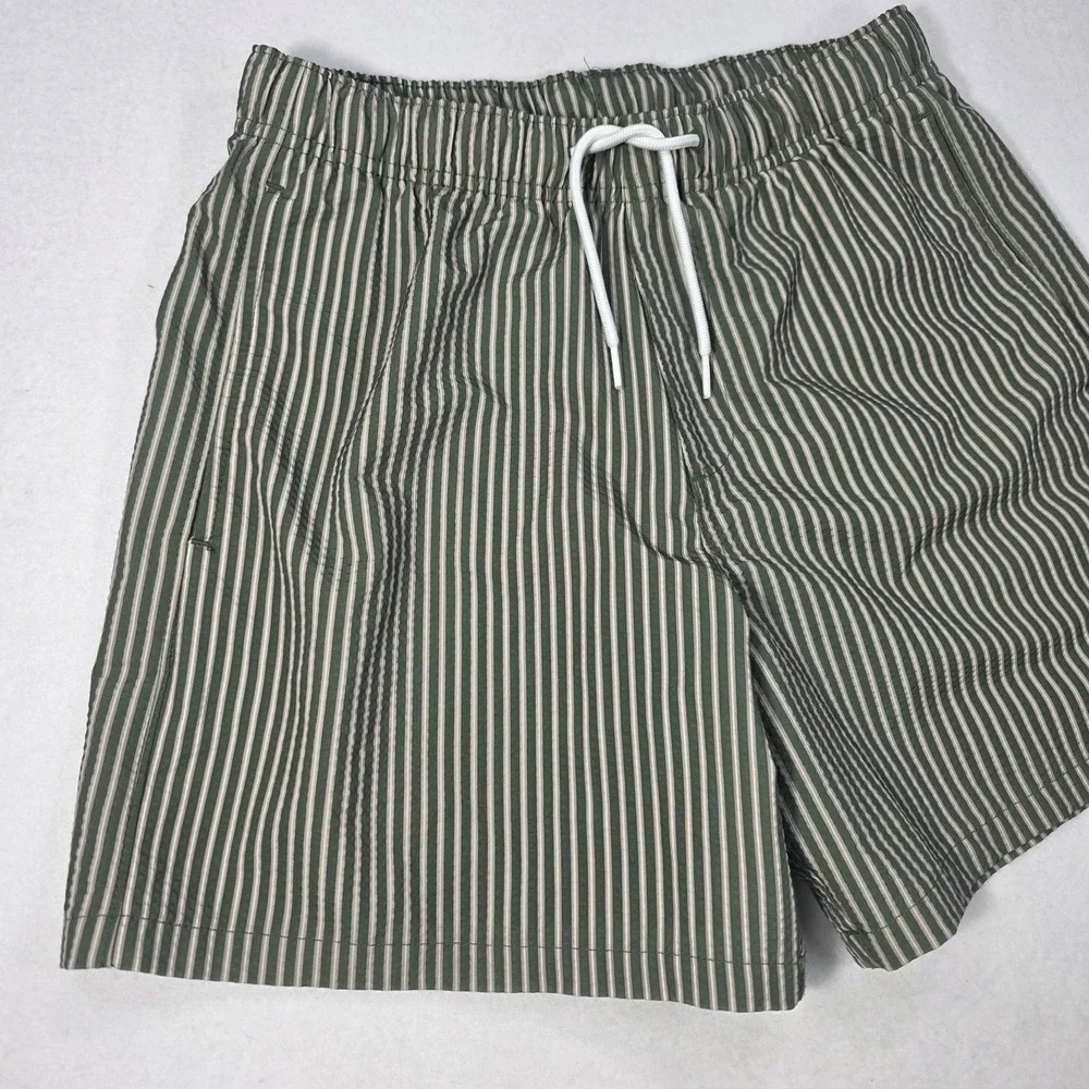 Hollister Men's S Green/White Striped Swim Trunks Lined Mesh Pockets Drawstring